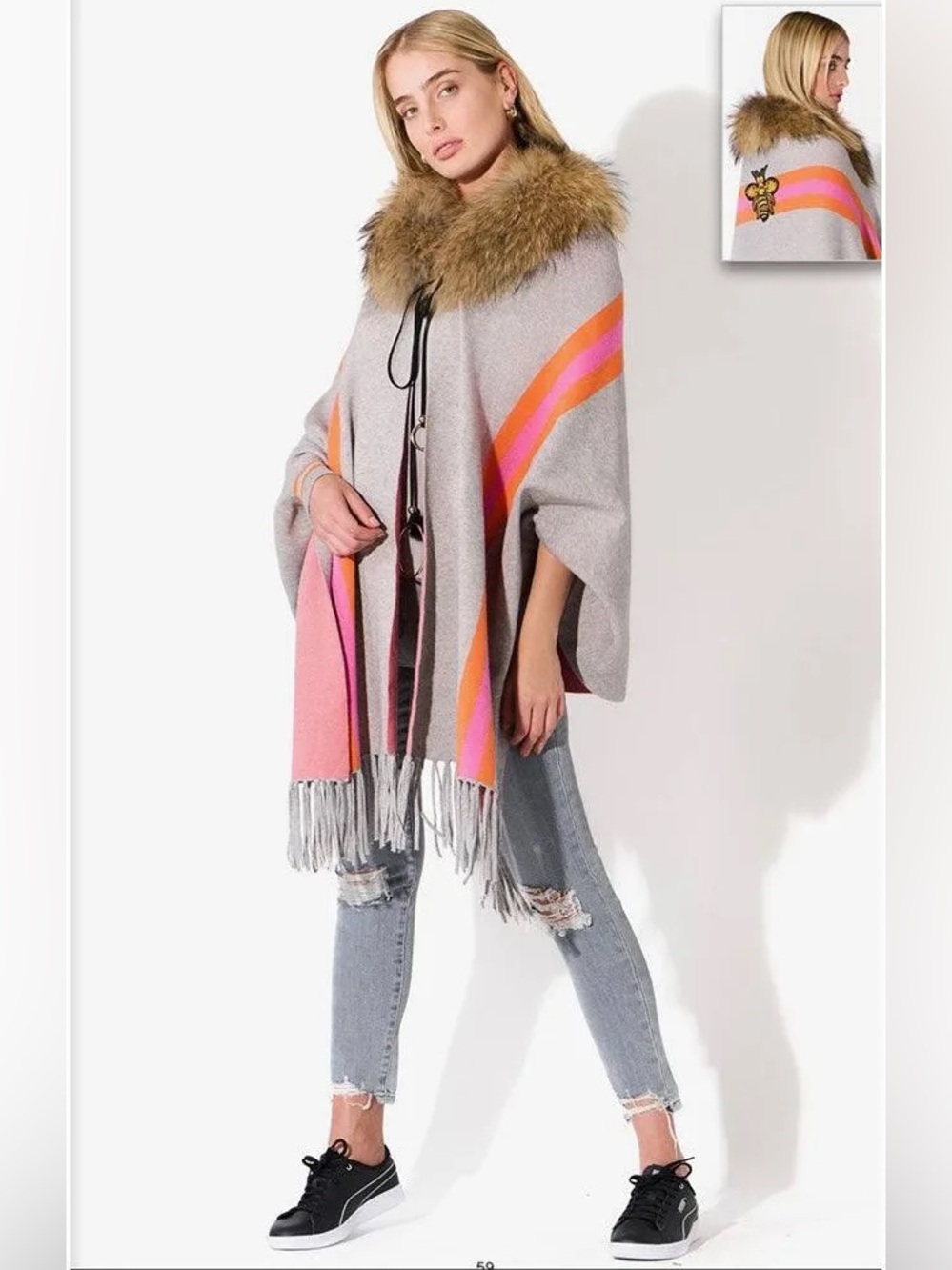 Oo La La Gray Pink & Orange Fringe Poncho Sweater with Faux Fur Removable Collar